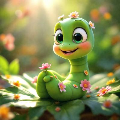 The primary subject of the image is a green cartoon character, possibly a frog or a lizard, sitting on a bed of flowers. The character is smiling and appears to be enjoying the scene. The setting is a garden with a variety of flowers surrounding the character. The visual style is a combination of digital art and illustration, creating a vibrant and lively atmosphere. The colors are predominantly green and pink, reflecting the natural beauty of the garden.